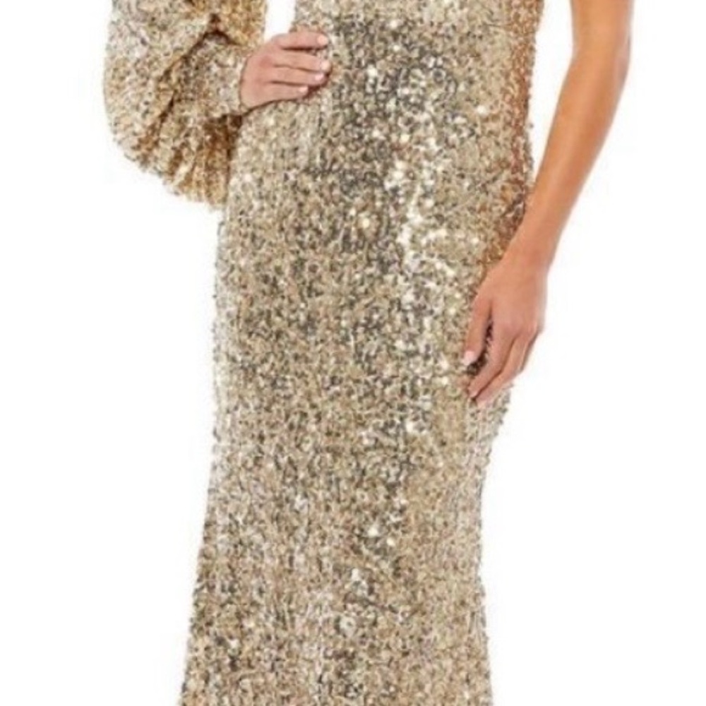 Mac Duggal One-Shoulder Sequin Gown in Gold